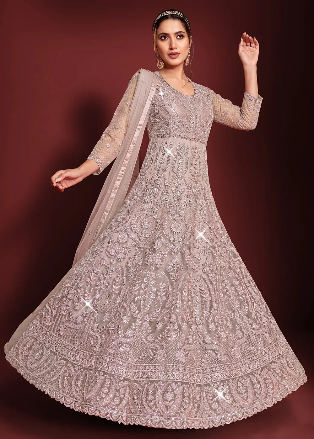 Festive Party Style Mauve Embroidered Net Anarkali Gown