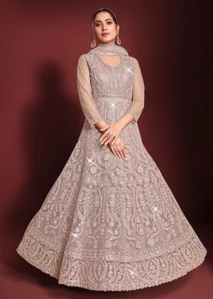 Festive Party Style Mauve Embroidered Net Anarkali Gown