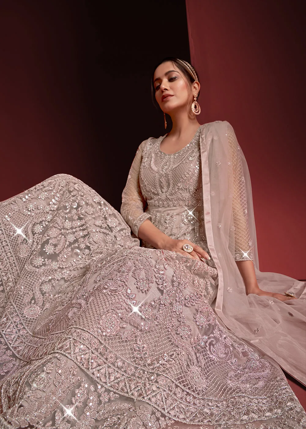 Festive Party Style Mauve Embroidered Net Anarkali Gown