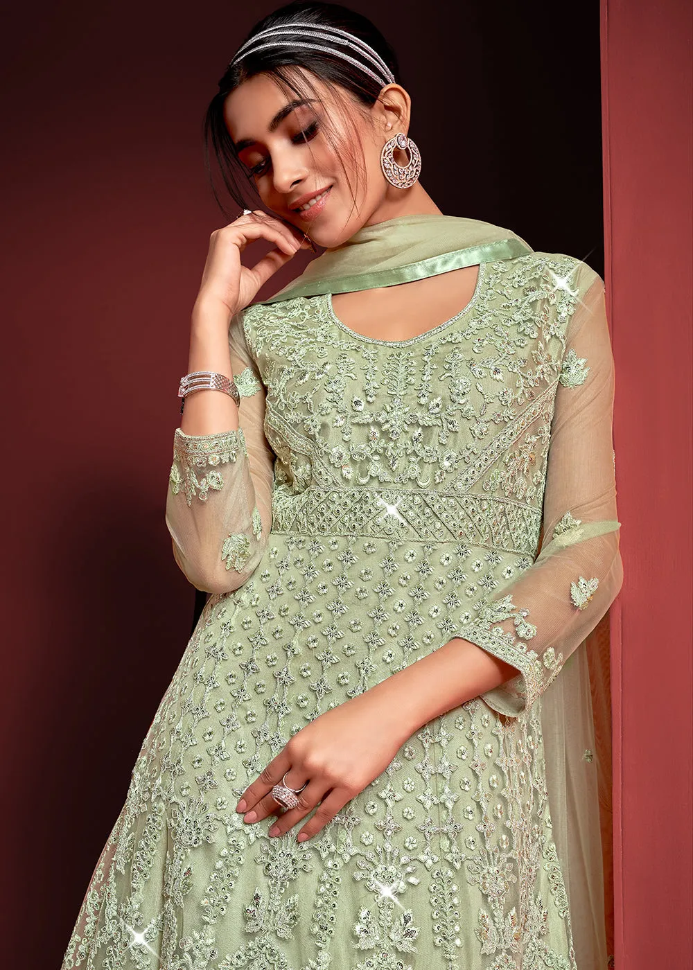 Festive Party Style Sea Green Embroidered Net Anarkali Gown