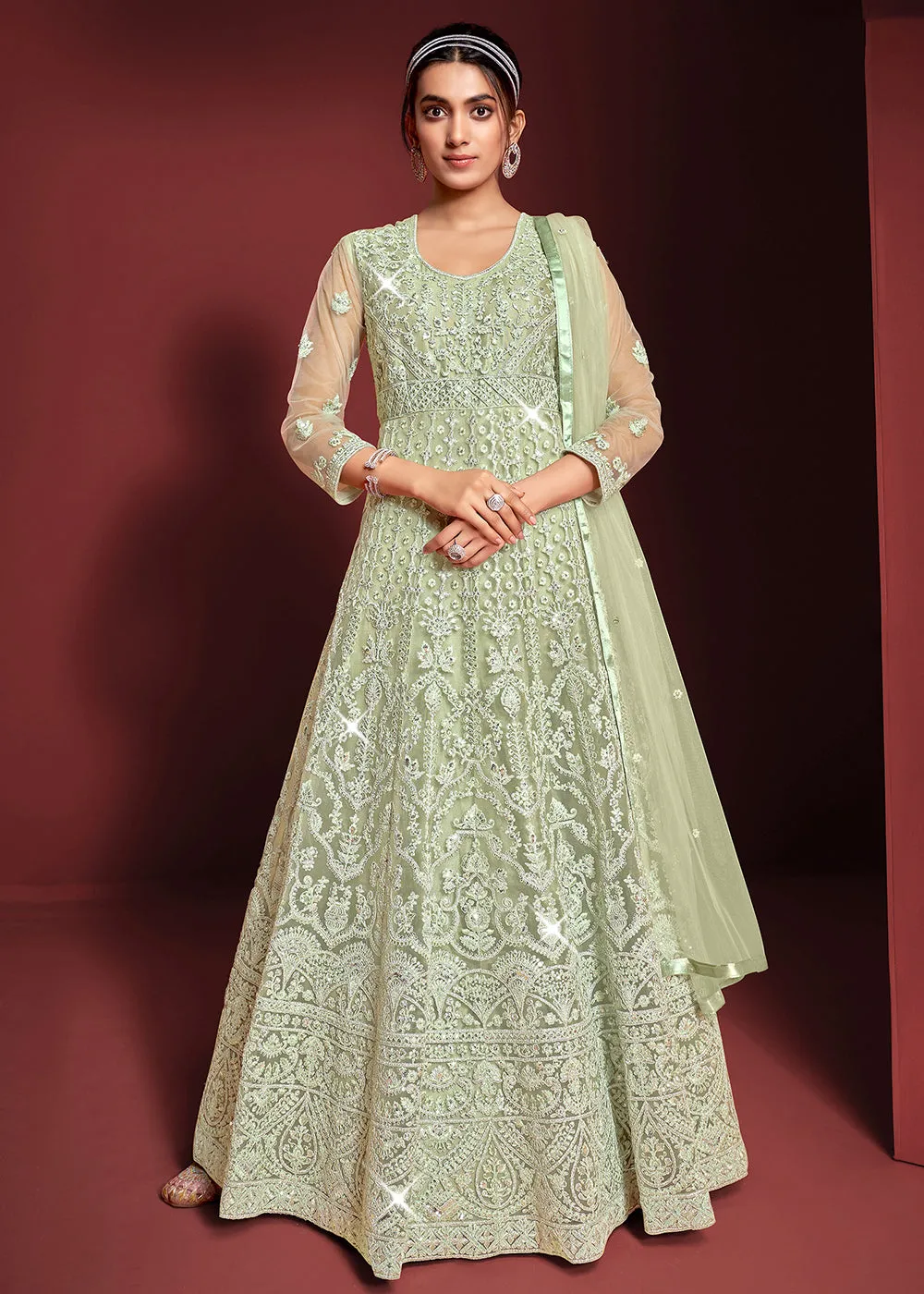 Festive Party Style Sea Green Embroidered Net Anarkali Gown