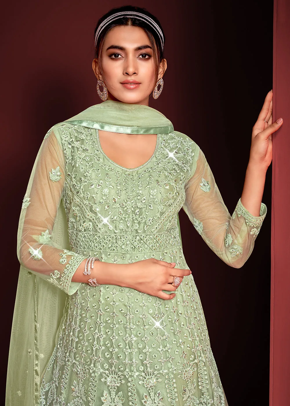 Festive Party Style Sea Green Embroidered Net Anarkali Gown