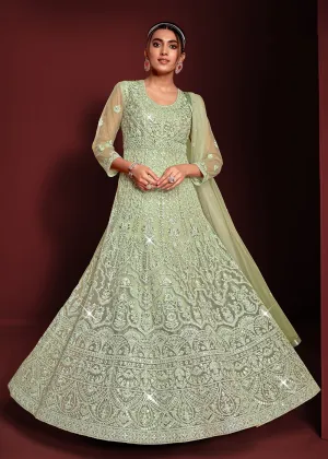 Festive Party Style Sea Green Embroidered Net Anarkali Gown