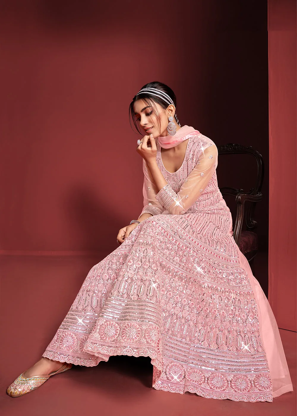 Festive Party Style Soft Pink Embroidered Net Anarkali Gown