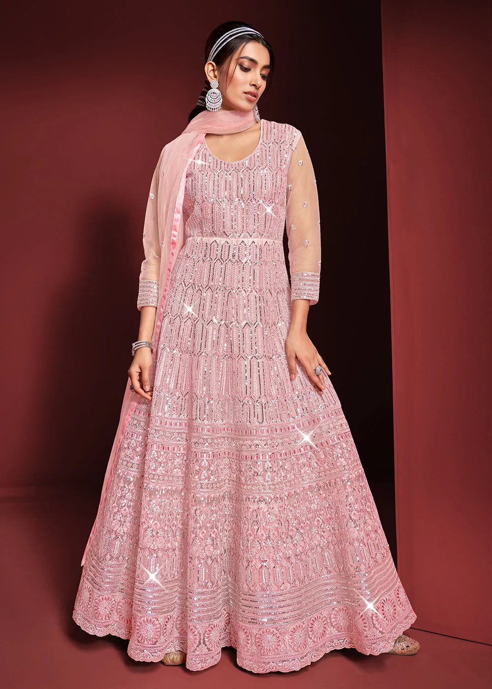 Festive Party Style Soft Pink Embroidered Net Anarkali Gown