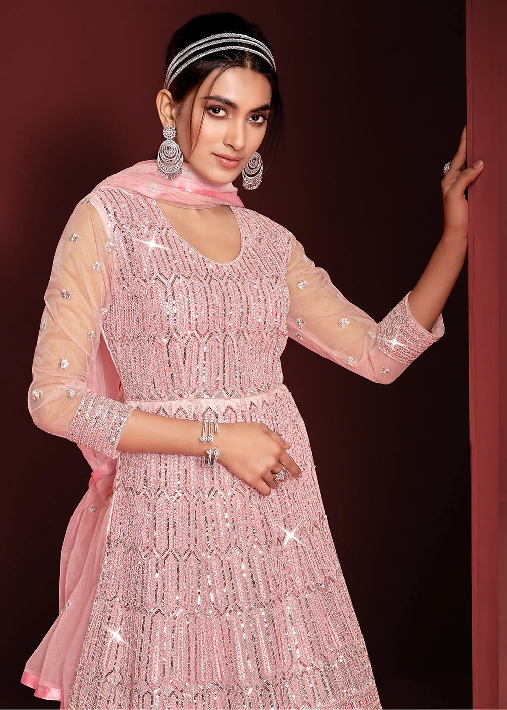 Festive Party Style Soft Pink Embroidered Net Anarkali Gown