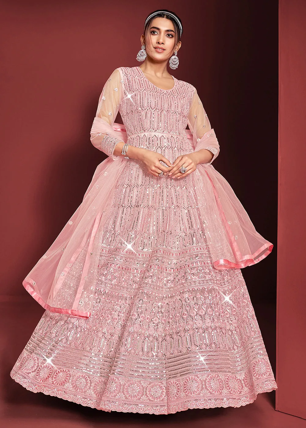 Festive Party Style Soft Pink Embroidered Net Anarkali Gown