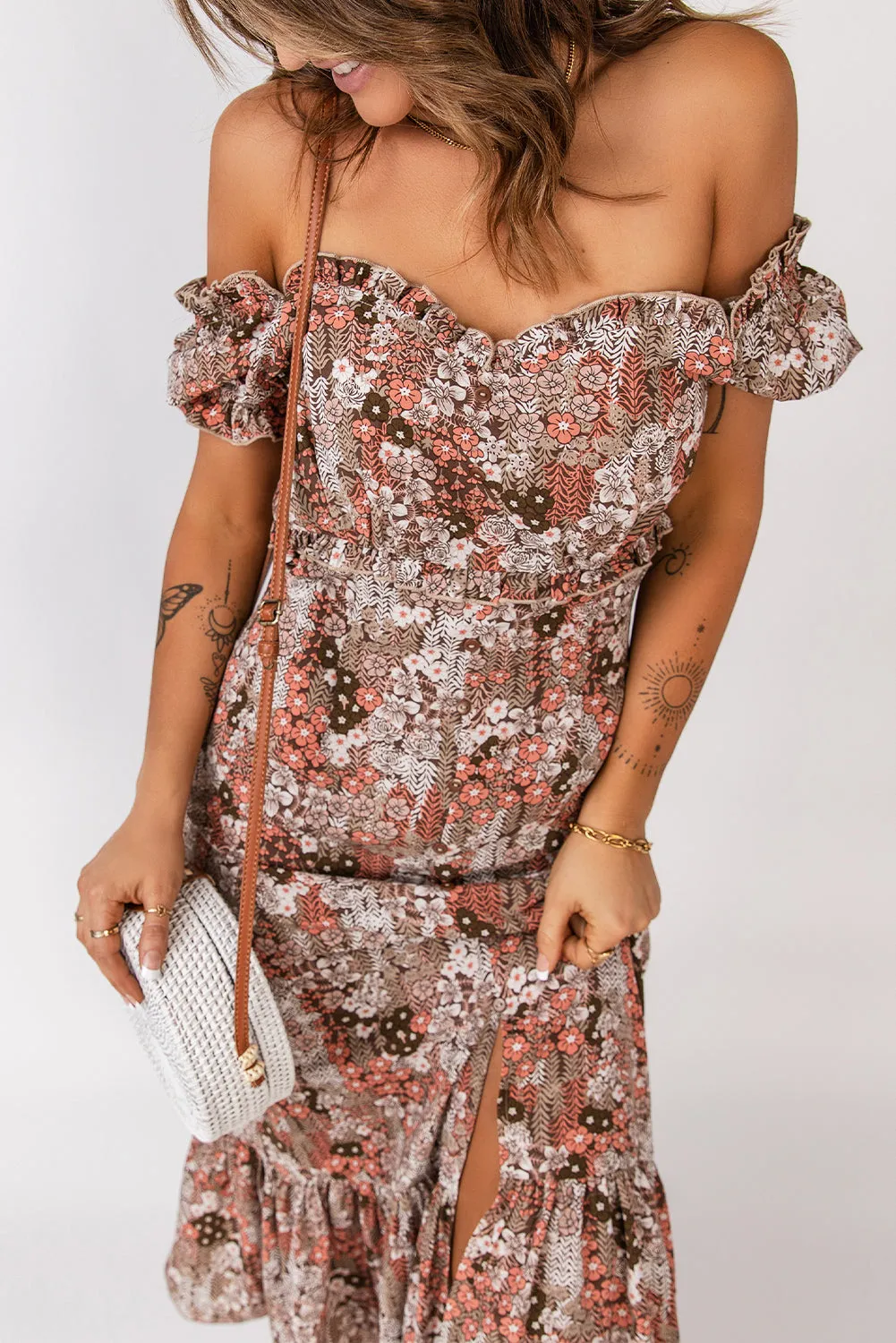 Floral Off-Shoulder Frill Trim Split Dress