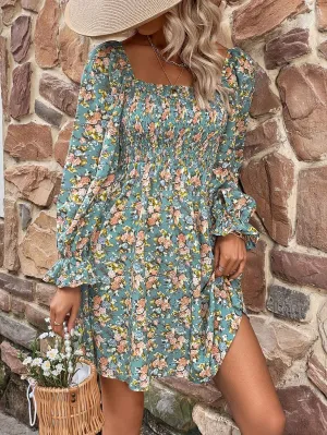 Floral Smocked Flounce Sleeve Square Neck Dress