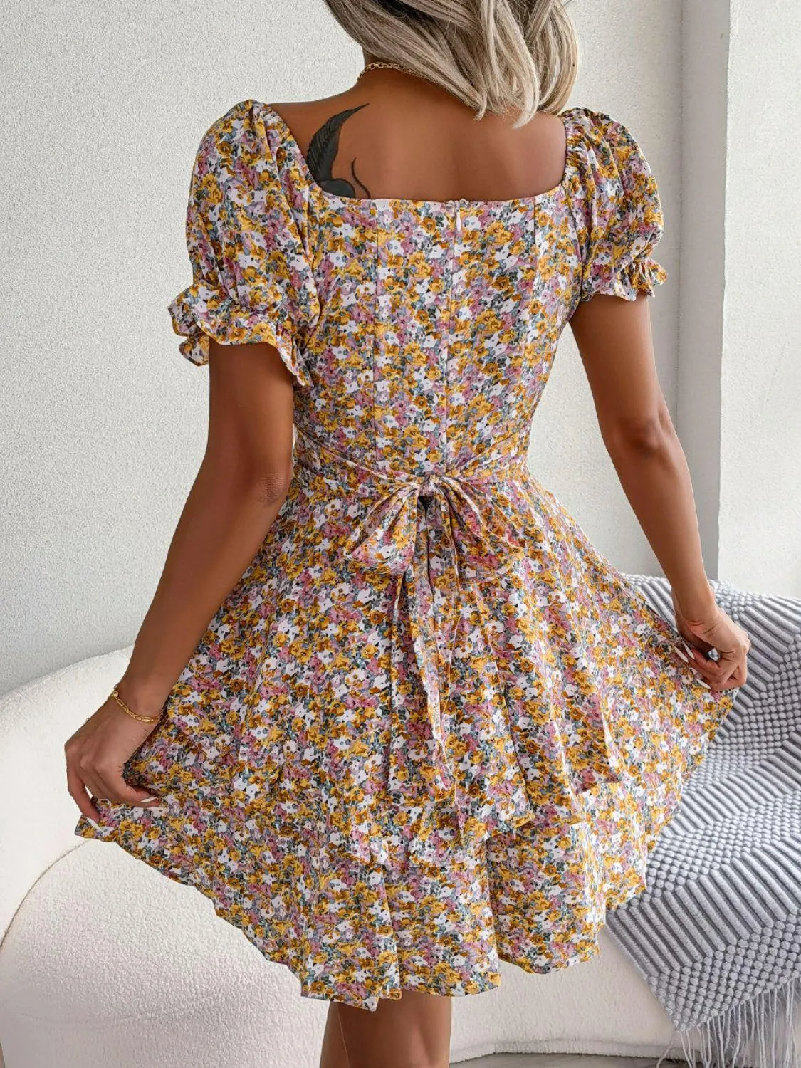 Floral Sweetheart Neck Flounce Sleeve Mini Dress