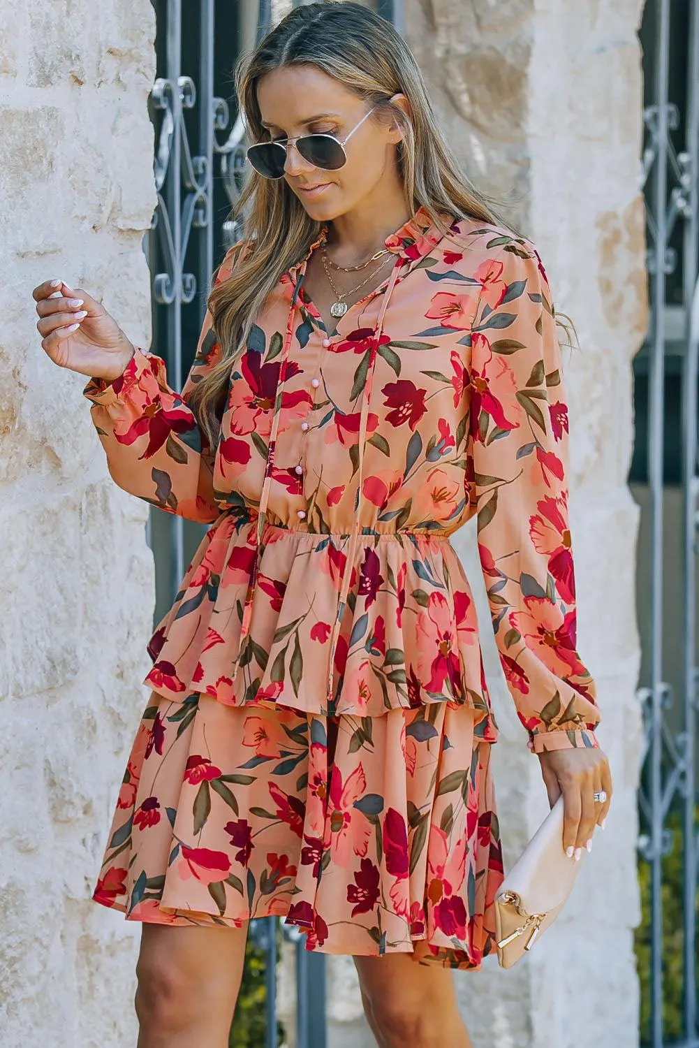 Floral Tie Neck Long Sleeve Layered Dress