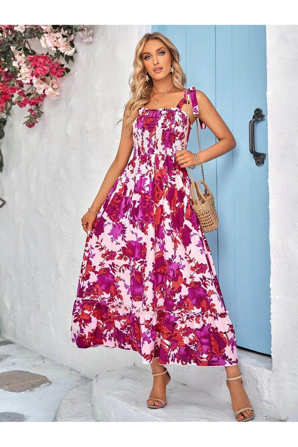 Floral Tie-Shoulder Frill Trim Smocked Dress