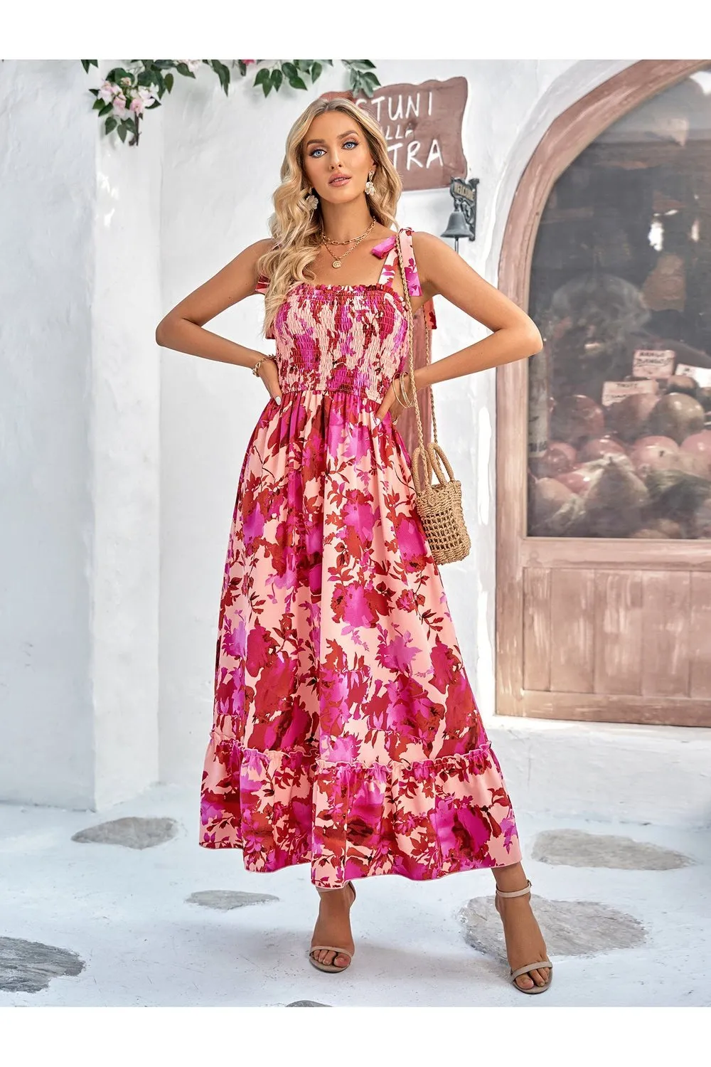 Floral Tie-Shoulder Frill Trim Smocked Dress