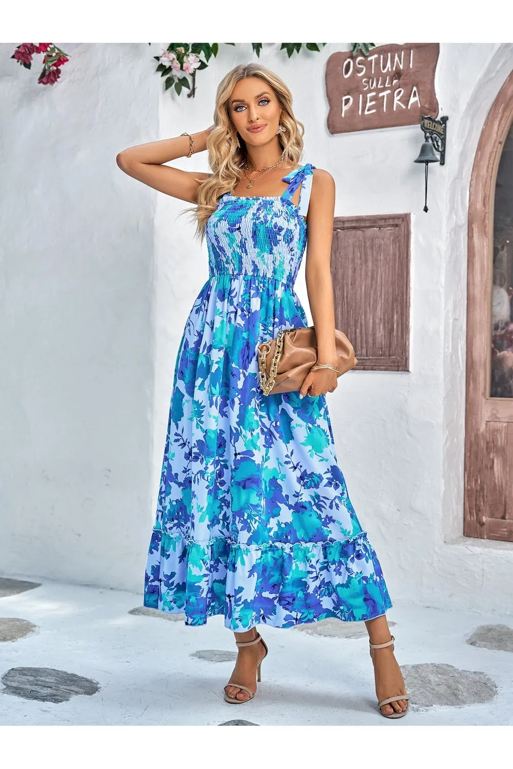 Floral Tie-Shoulder Frill Trim Smocked Dress