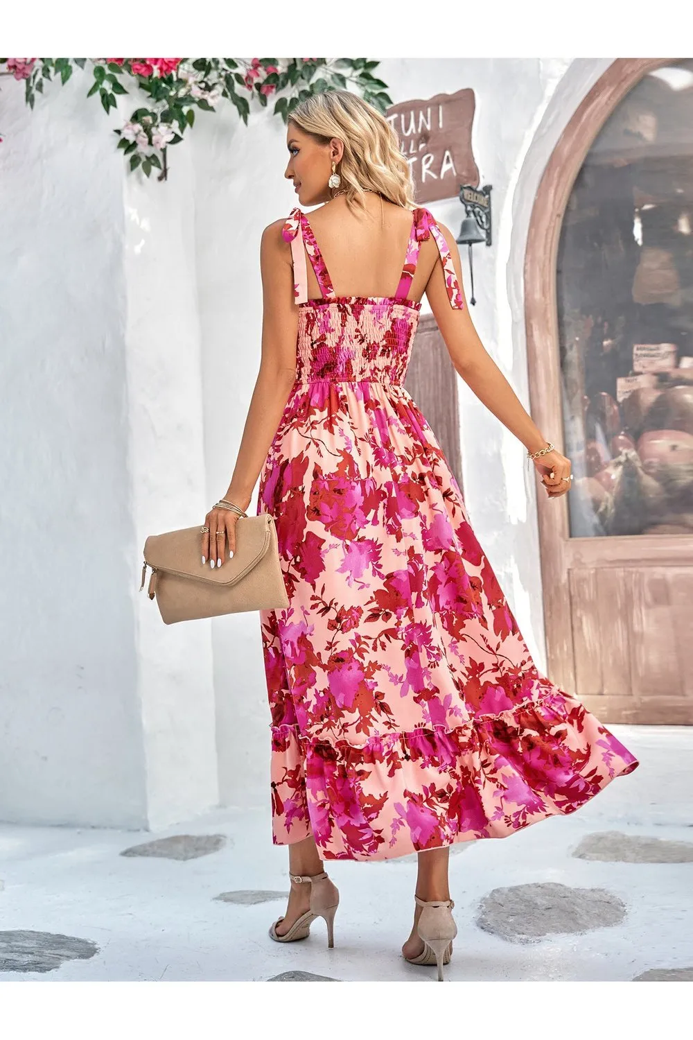 Floral Tie-Shoulder Frill Trim Smocked Dress