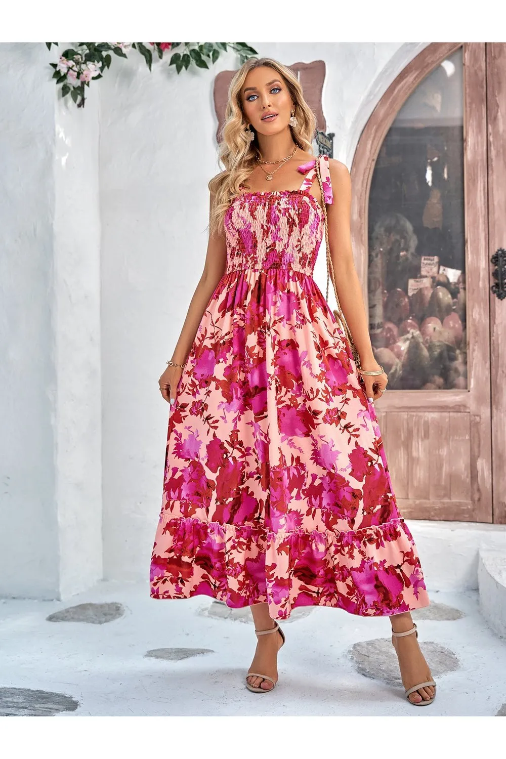 Floral Tie-Shoulder Frill Trim Smocked Dress