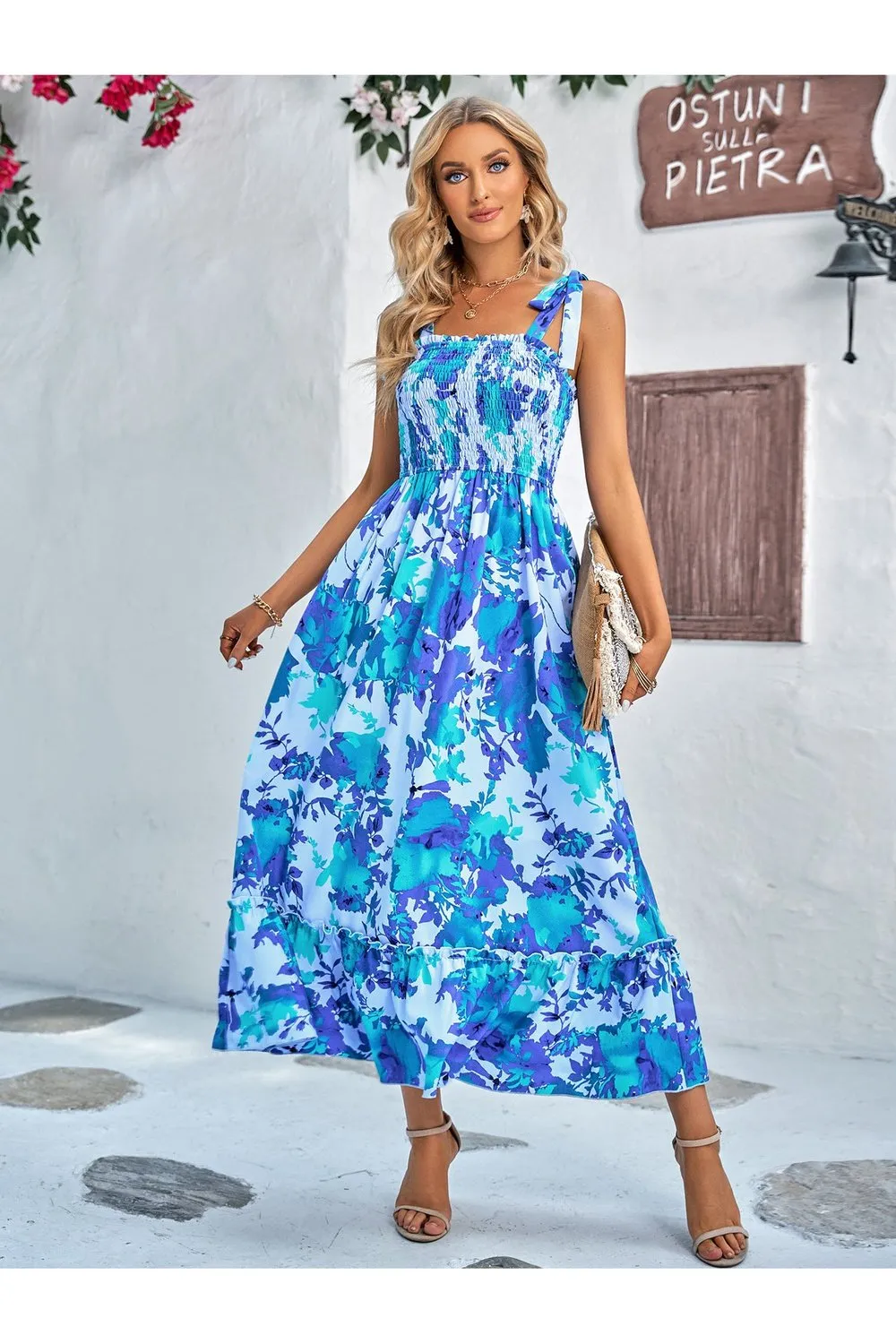 Floral Tie-Shoulder Frill Trim Smocked Dress