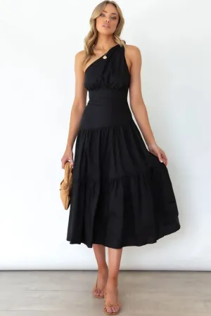 Flowy One Shoulder Tiered Beach Vacation Midi Dress - Black