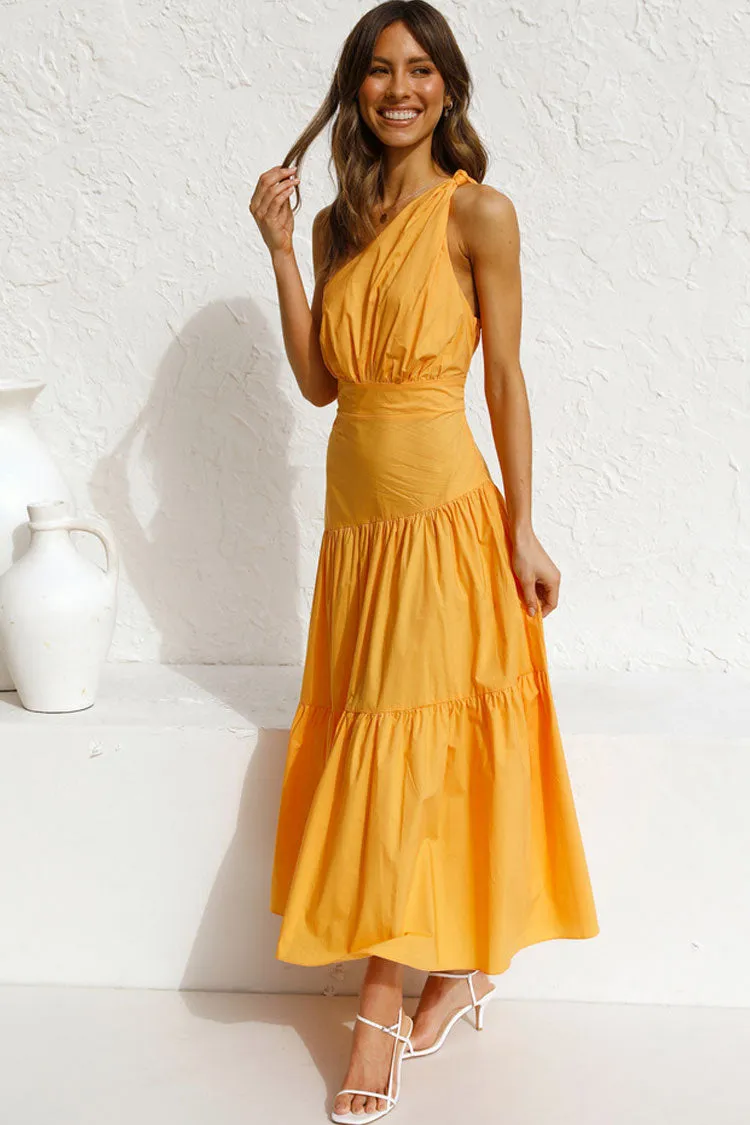 Flowy One Shoulder Tiered Beach Vacation Midi Dress - Yellow