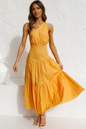 Flowy One Shoulder Tiered Beach Vacation Midi Dress - Yellow