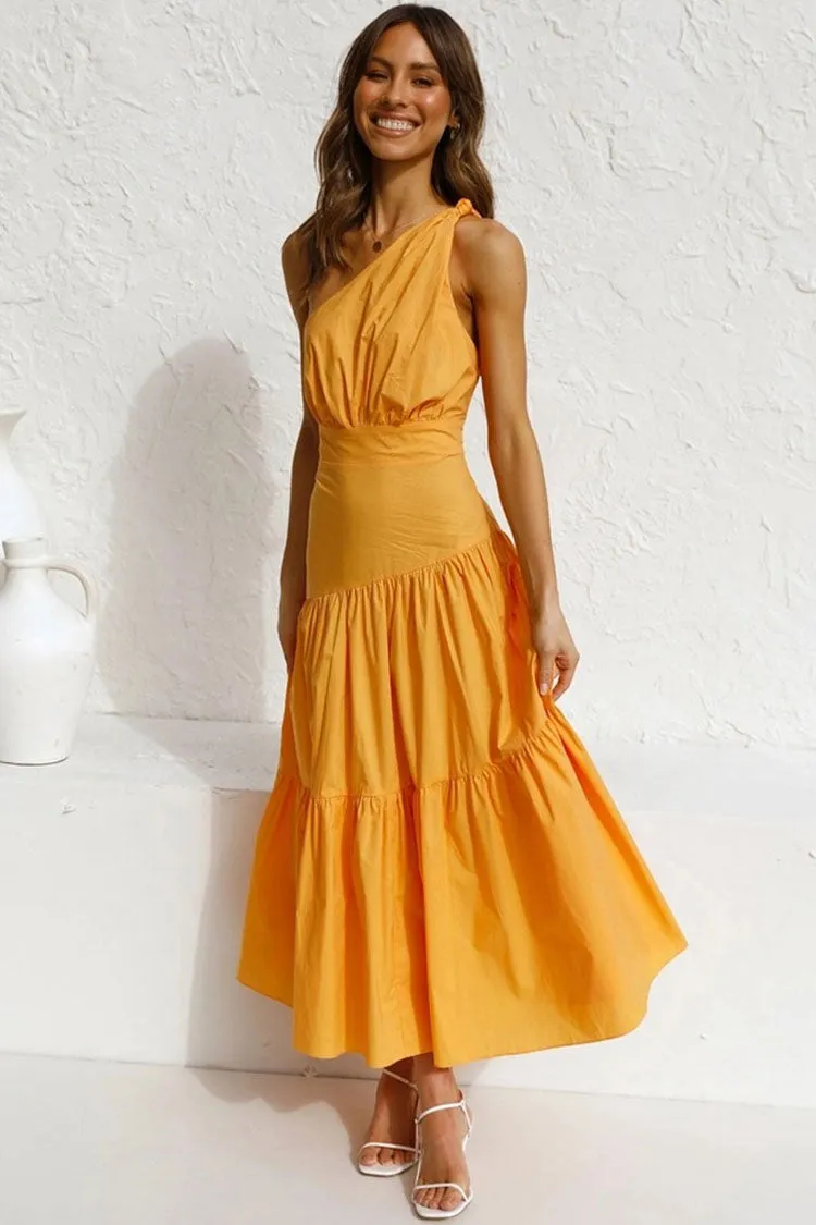 Flowy One Shoulder Tiered Beach Vacation Midi Dress - Yellow