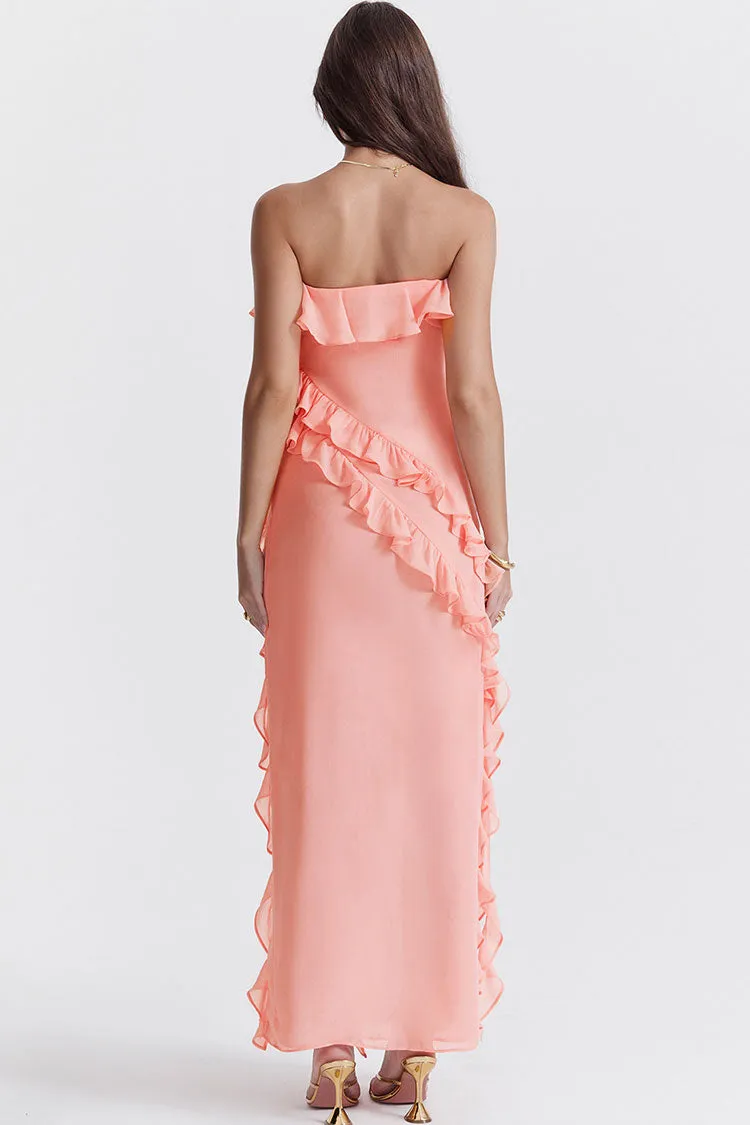 Fluttering Frill Trim Strapless High Split Draped Ruffle Maxi Dress - Pink