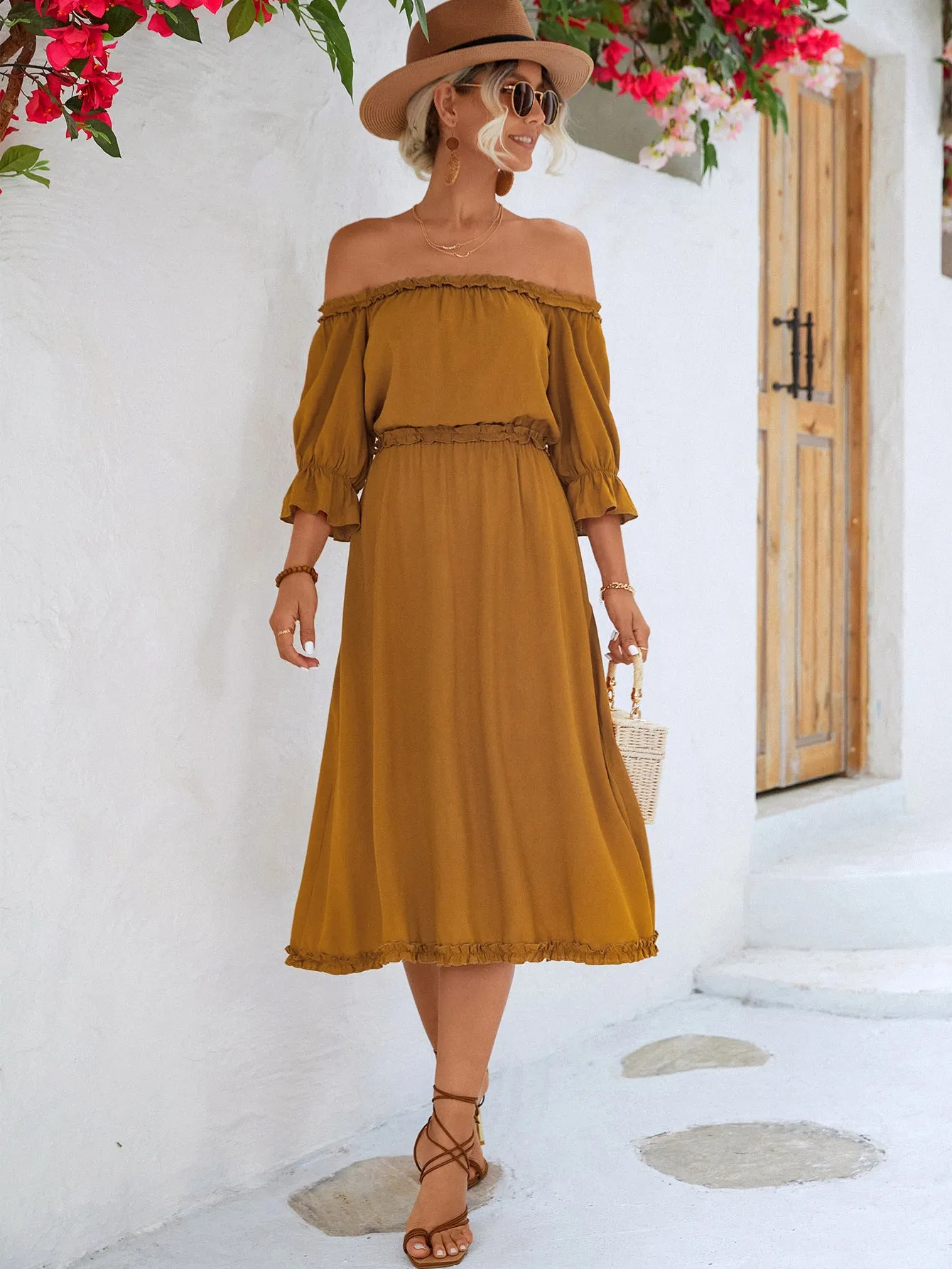 Frilled Off-Shoulder Flounce Sleeve Dress