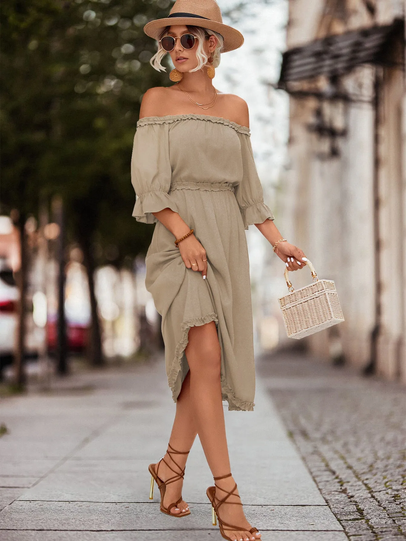 Frilled Off-Shoulder Flounce Sleeve Dress