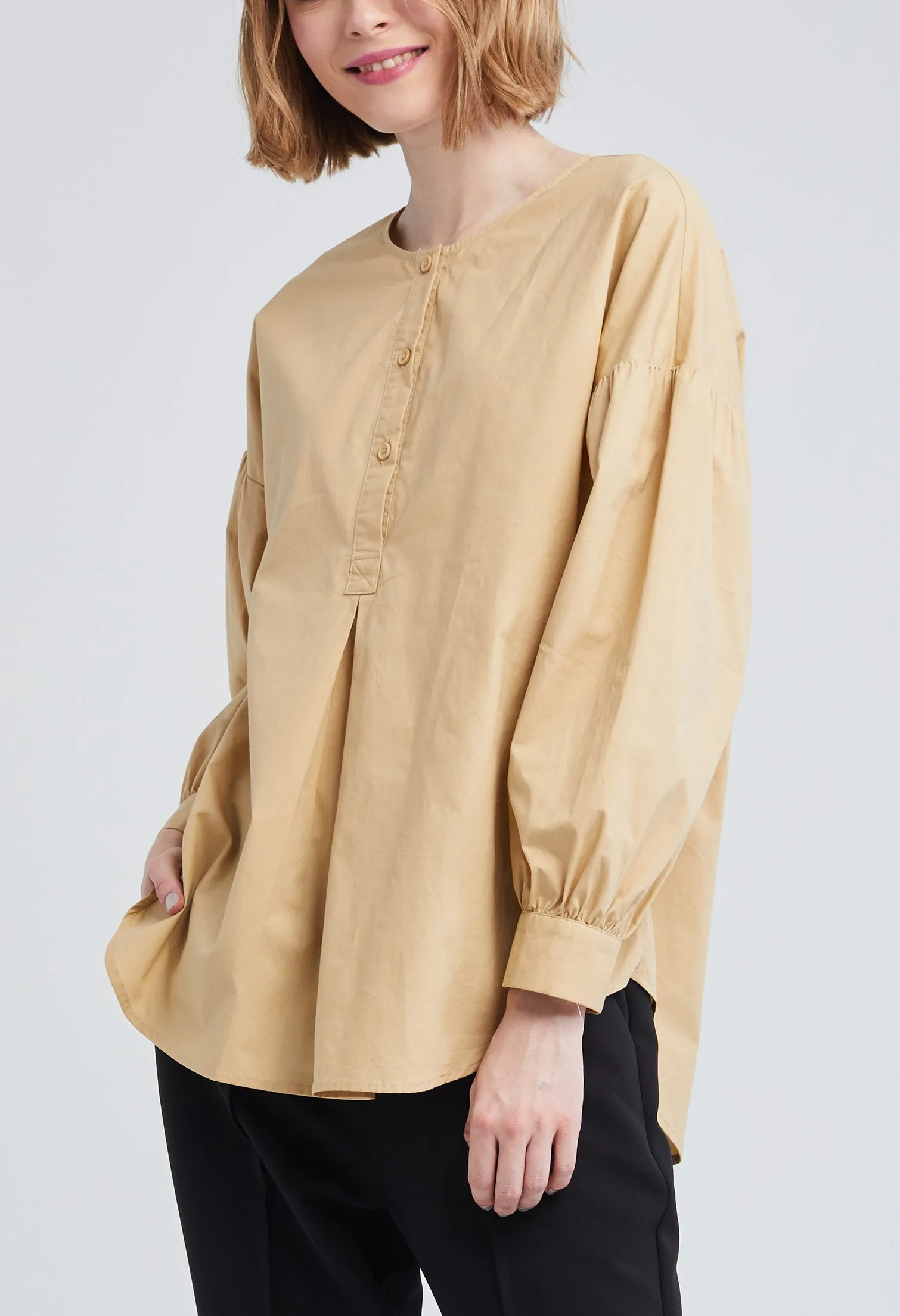 Front Pleat Split Round Neck Blouse