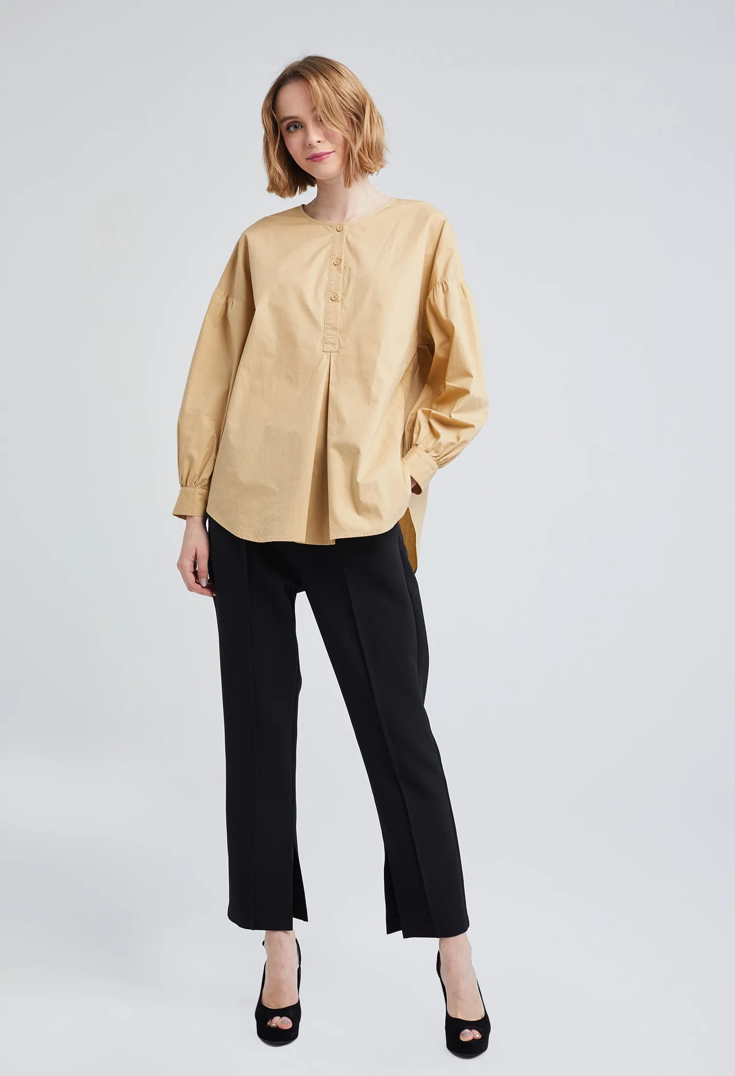 Front Pleat Split Round Neck Blouse