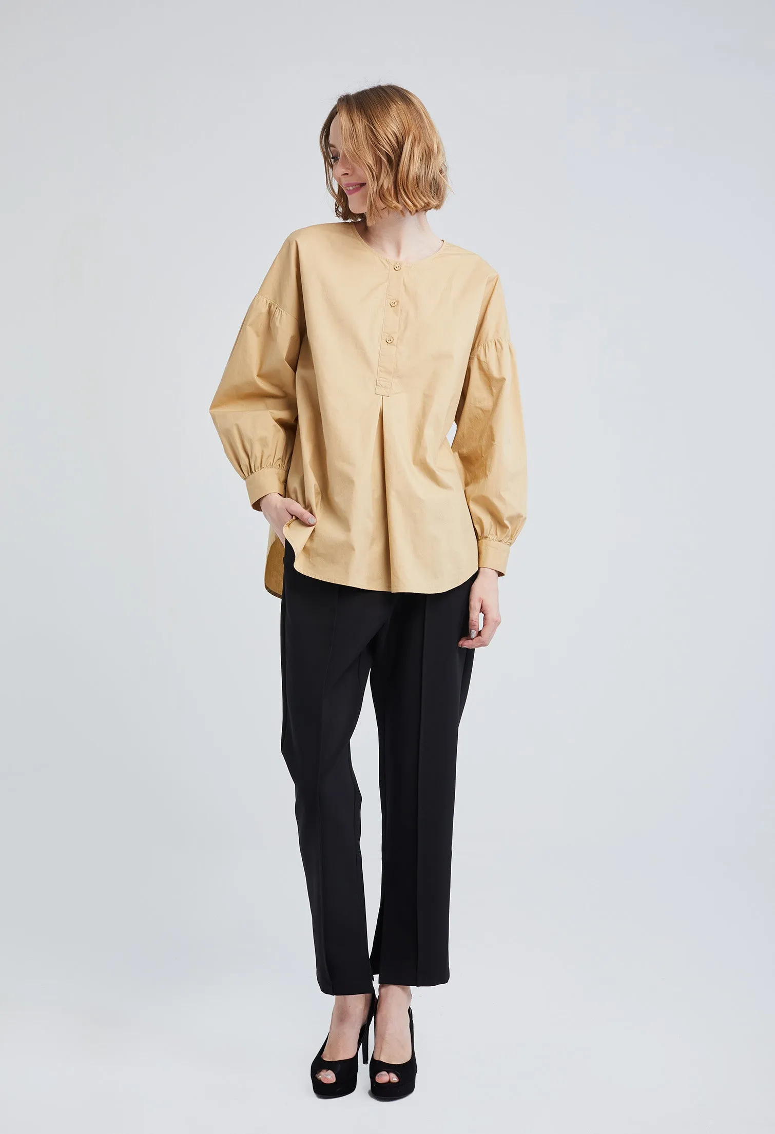 Front Pleat Split Round Neck Blouse