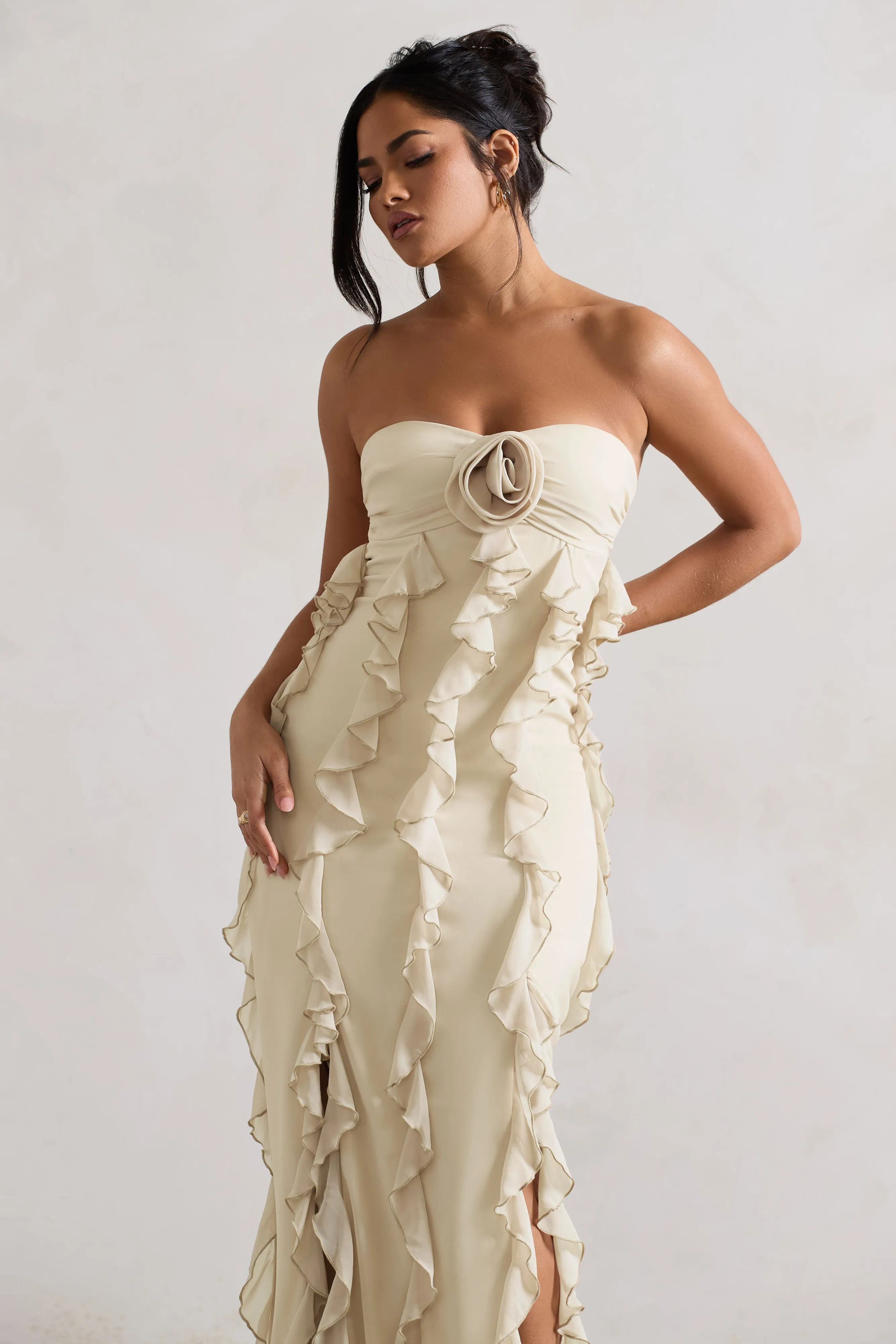 Gardenia | Champagne Strapless Ruffle Maxi Dress With Corsage