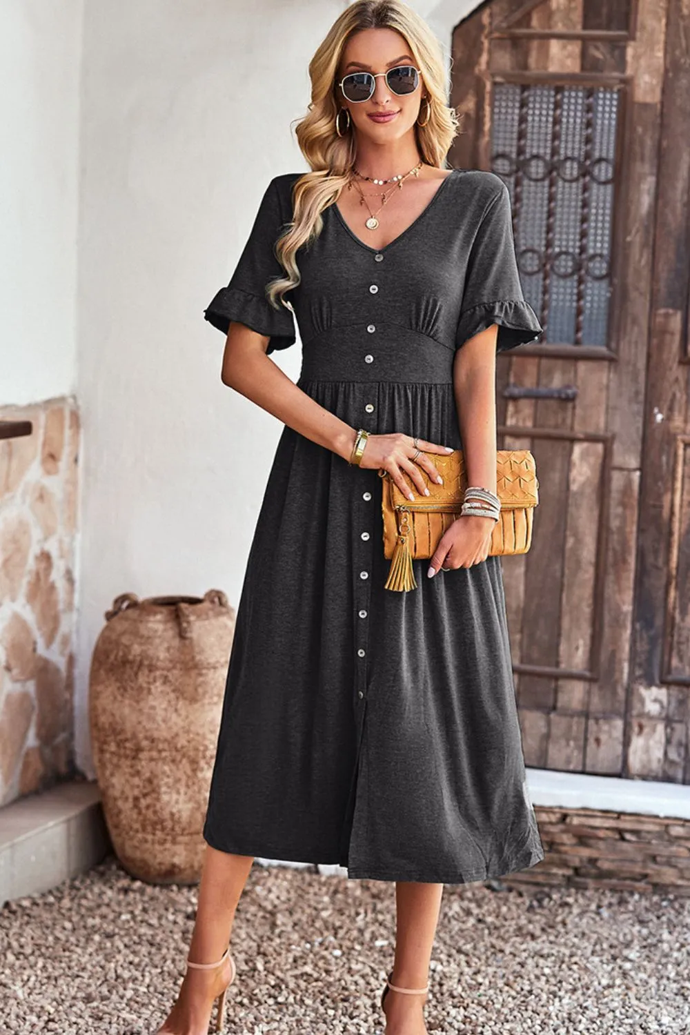 Gathered Detail Buttoned V-Neck Midi Dress