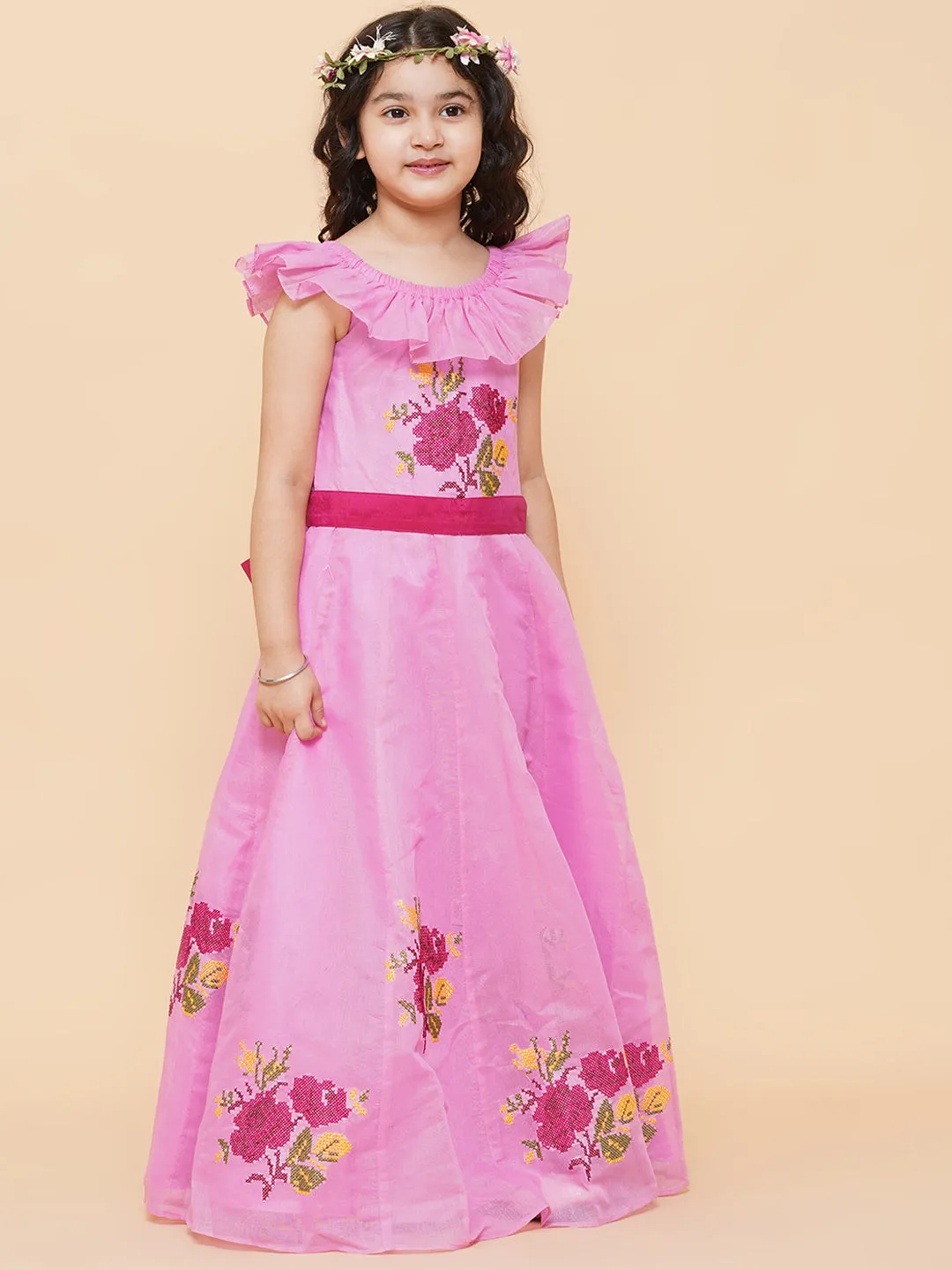 Girl's Pink Floral Embroidered Fit & Flared Dress - Bitiya By Bhama