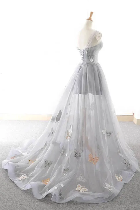 Gray Long Prom Dress with Butterfly New Arrival Unique Evening Dress