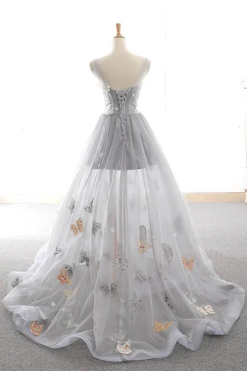 Gray Long Prom Dress with Butterfly New Arrival Unique Evening Dress