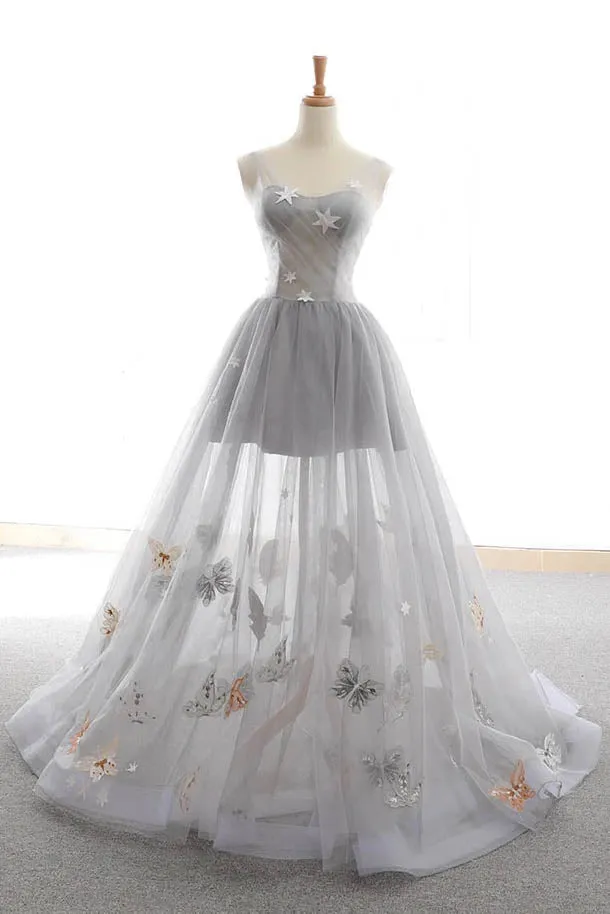 Gray Long Prom Dress with Butterfly New Arrival Unique Evening Dress