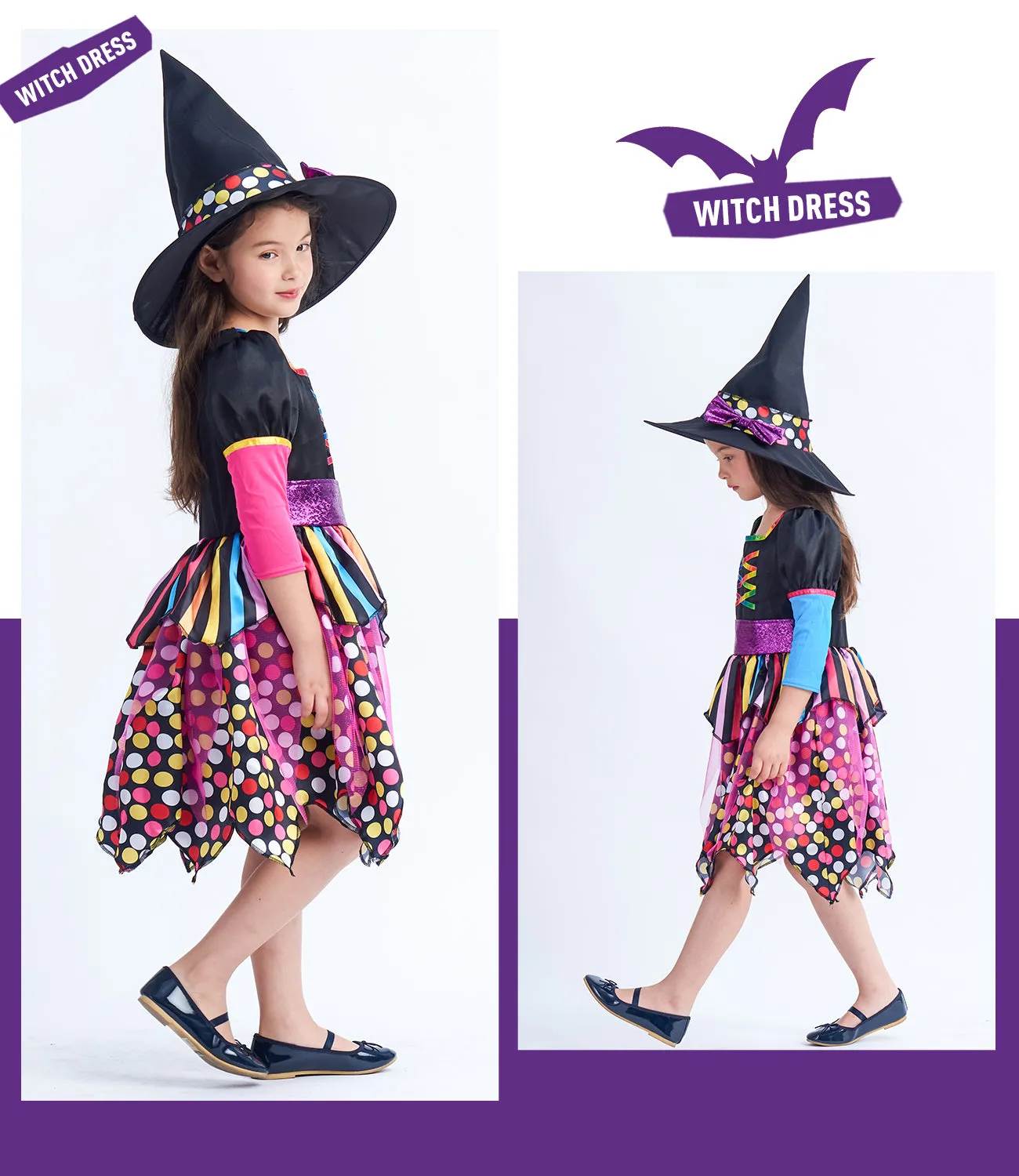 Halloween Girls Witch Costume Kids Magic Dress Up Outfit with Hat