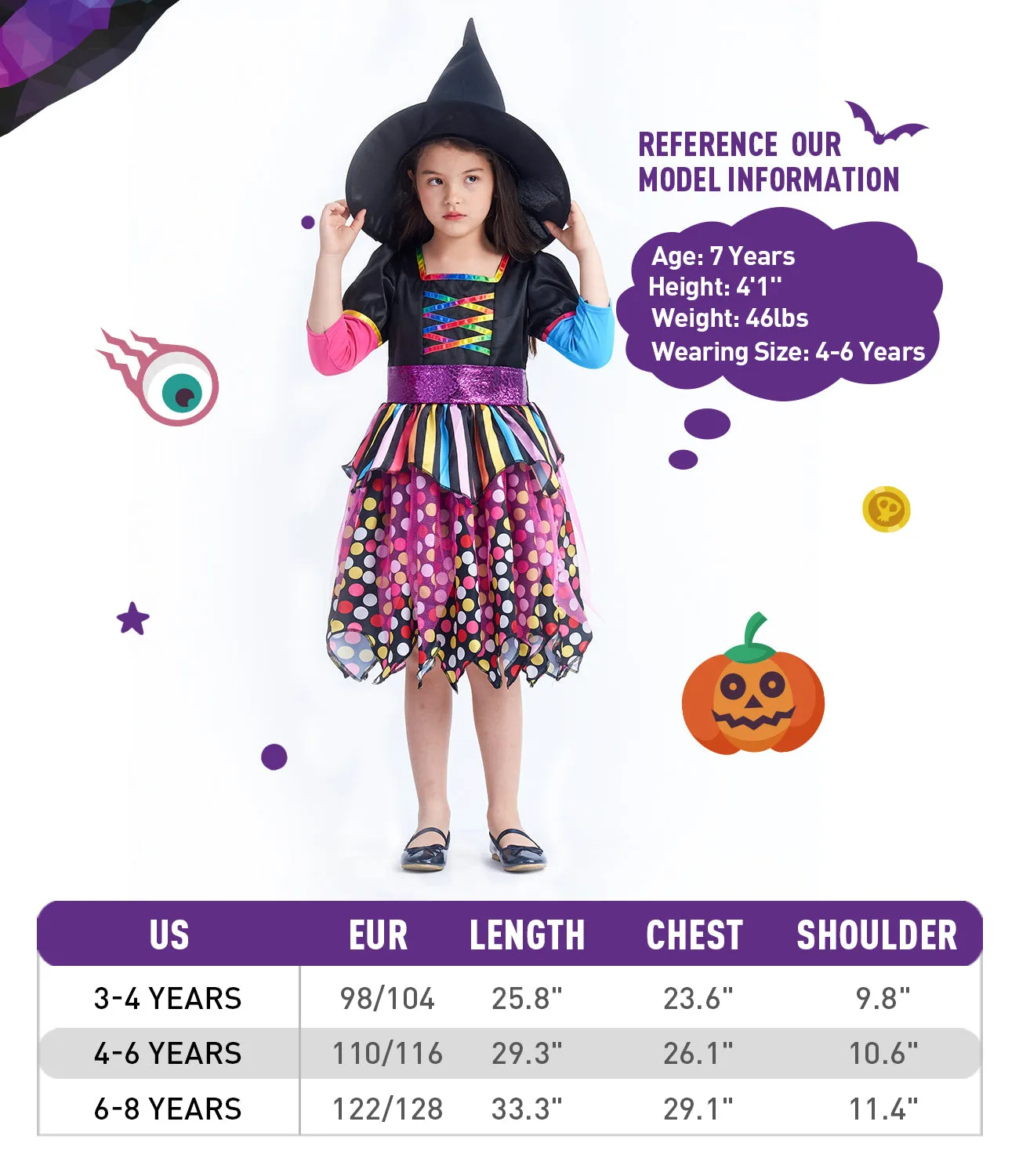 Halloween Girls Witch Costume Kids Magic Dress Up Outfit with Hat