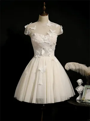 Ivory Homecoming Dress With Cap Sleeves Butterfly Appliques Short Prom Dress