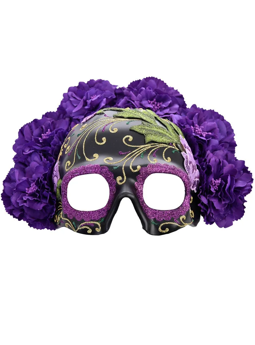 Julieta Black Half Skull Masquerade Mask with Purple Flowers