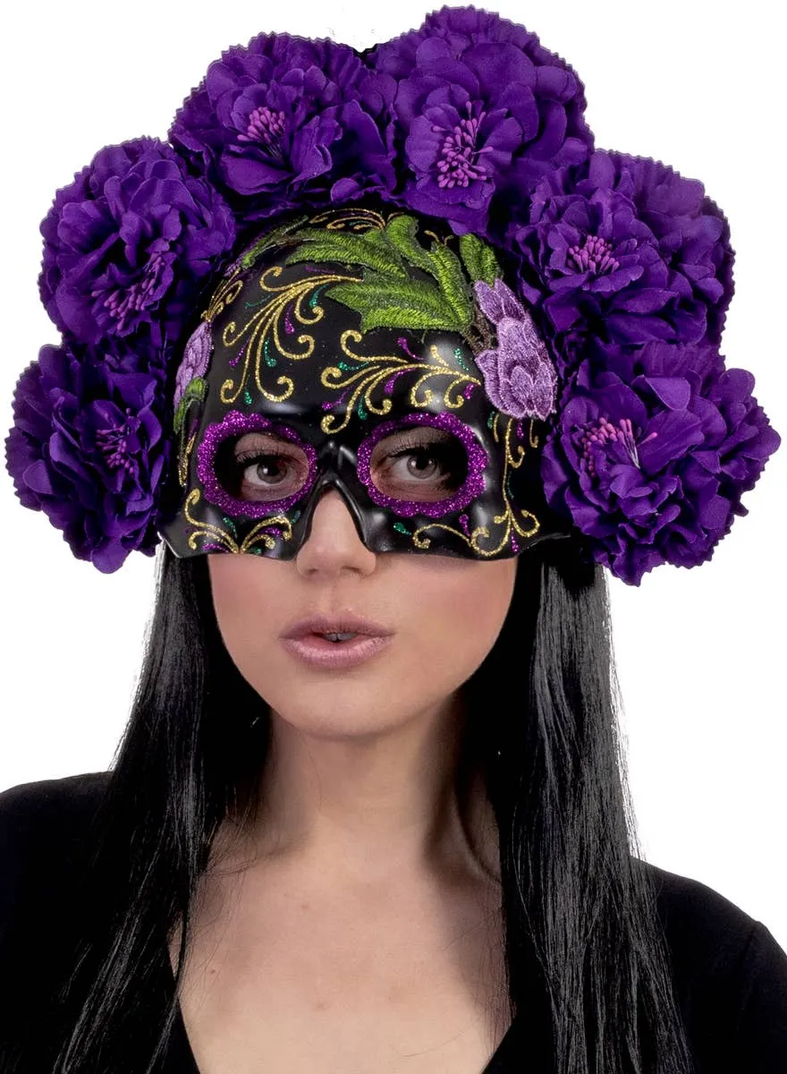 Julieta Black Half Skull Masquerade Mask with Purple Flowers