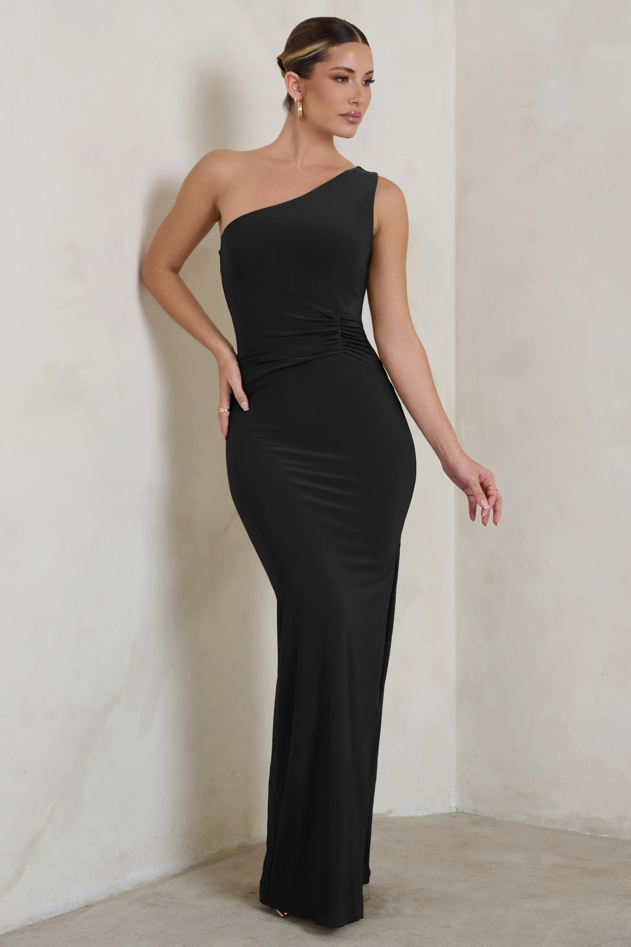 Kary | Black One Shoulder Thigh Split Maxi Dress