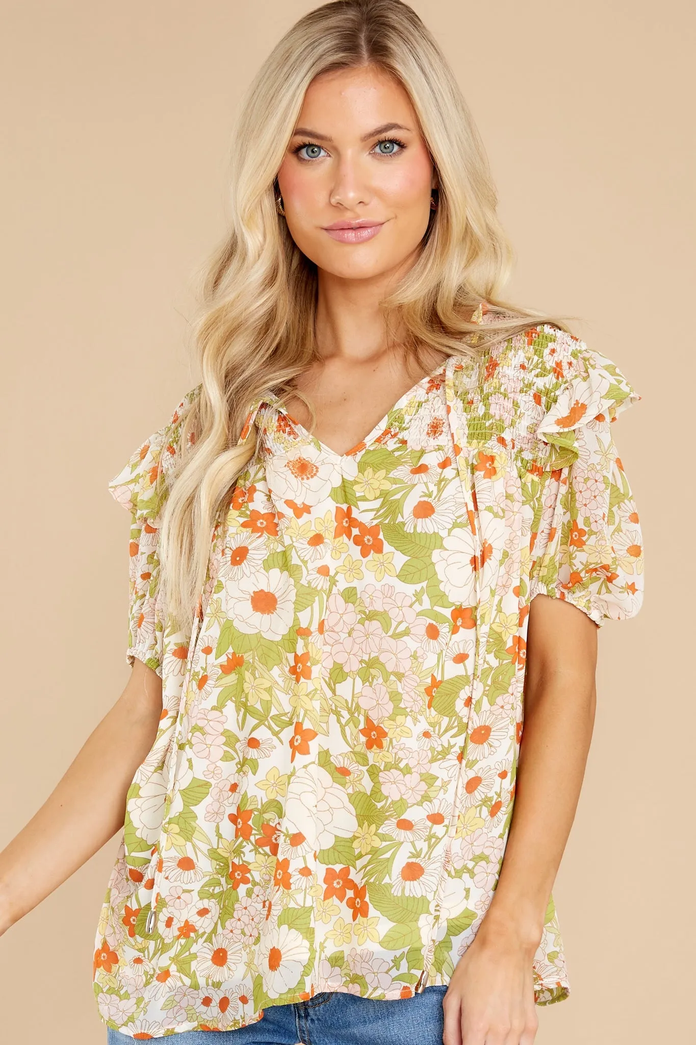 Keep Growing Ivory And Green Floral Print Top