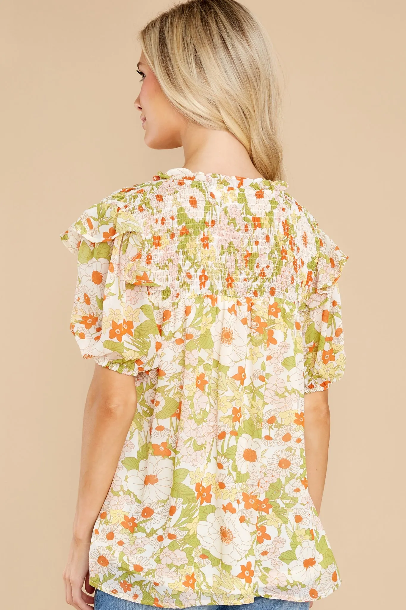 Keep Growing Ivory And Green Floral Print Top