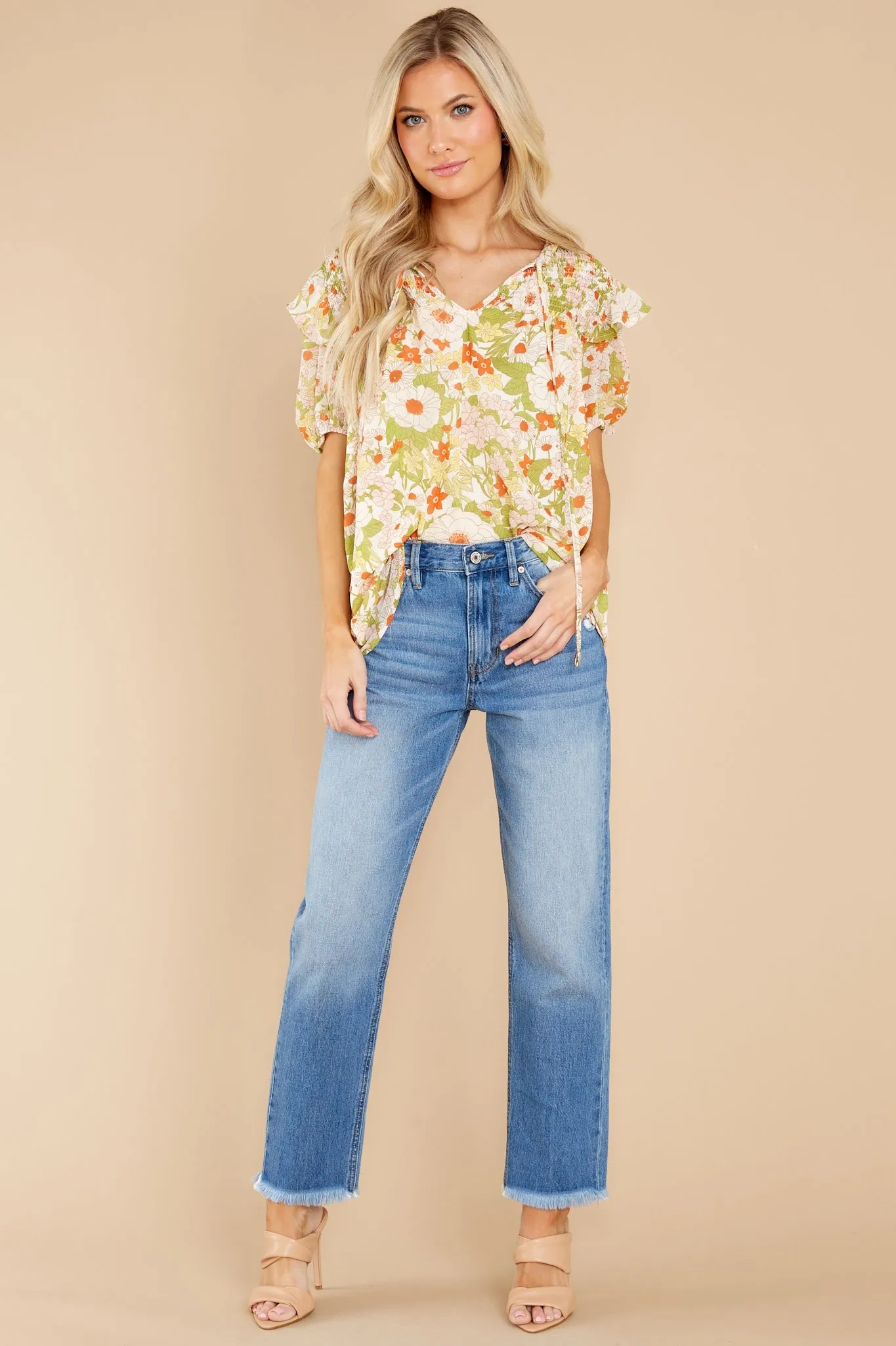 Keep Growing Ivory And Green Floral Print Top