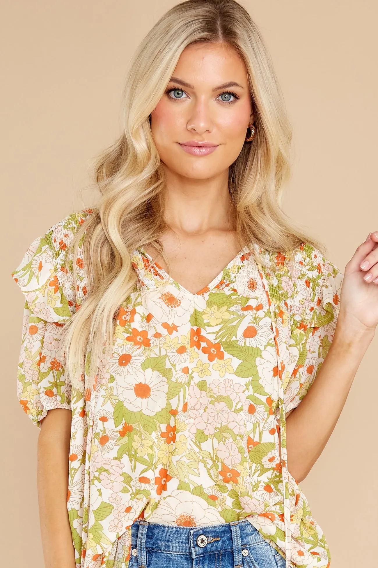 Keep Growing Ivory And Green Floral Print Top