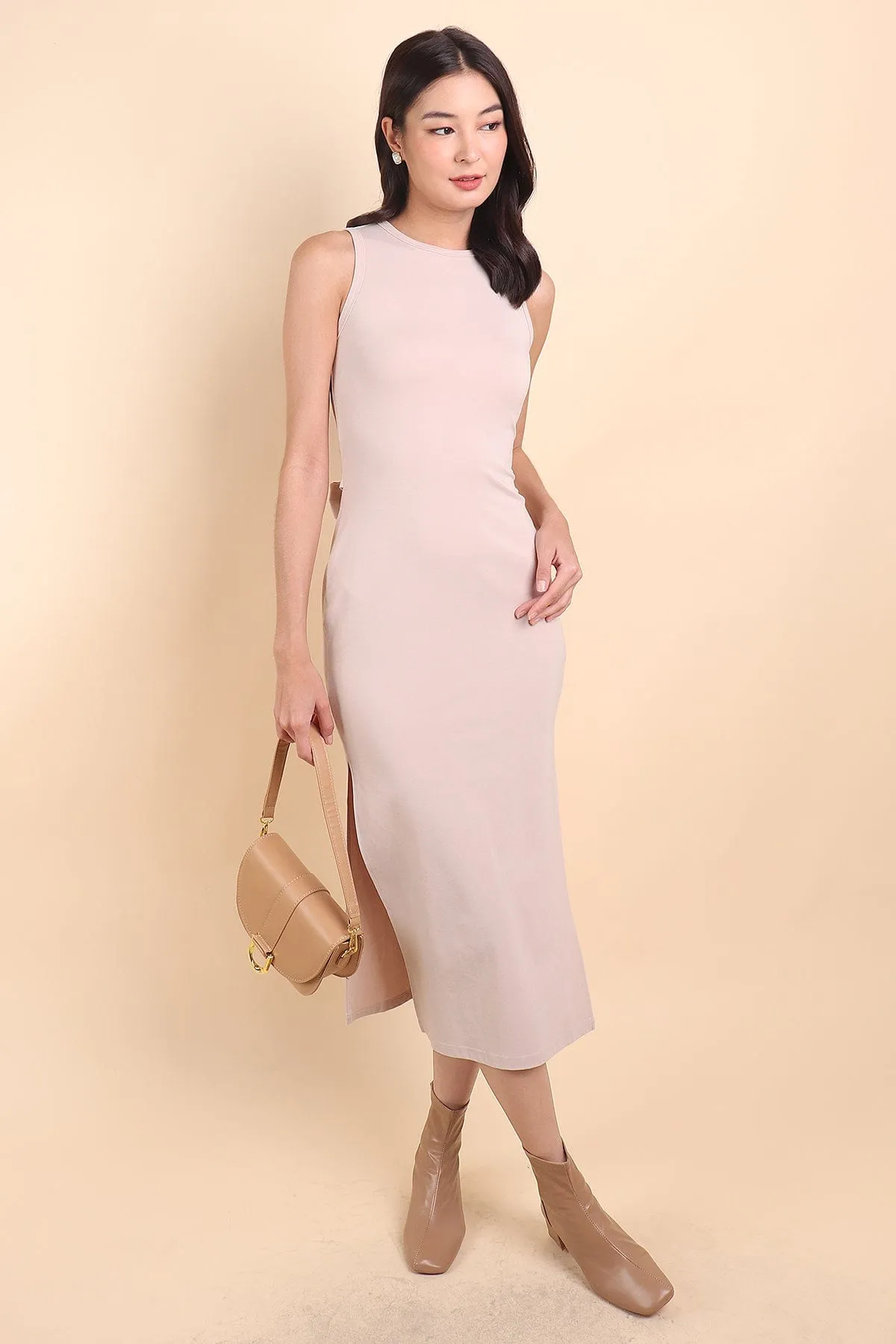 KENIA SLIM FIT TIE KNOT MIDI DRESS IN ALMOND