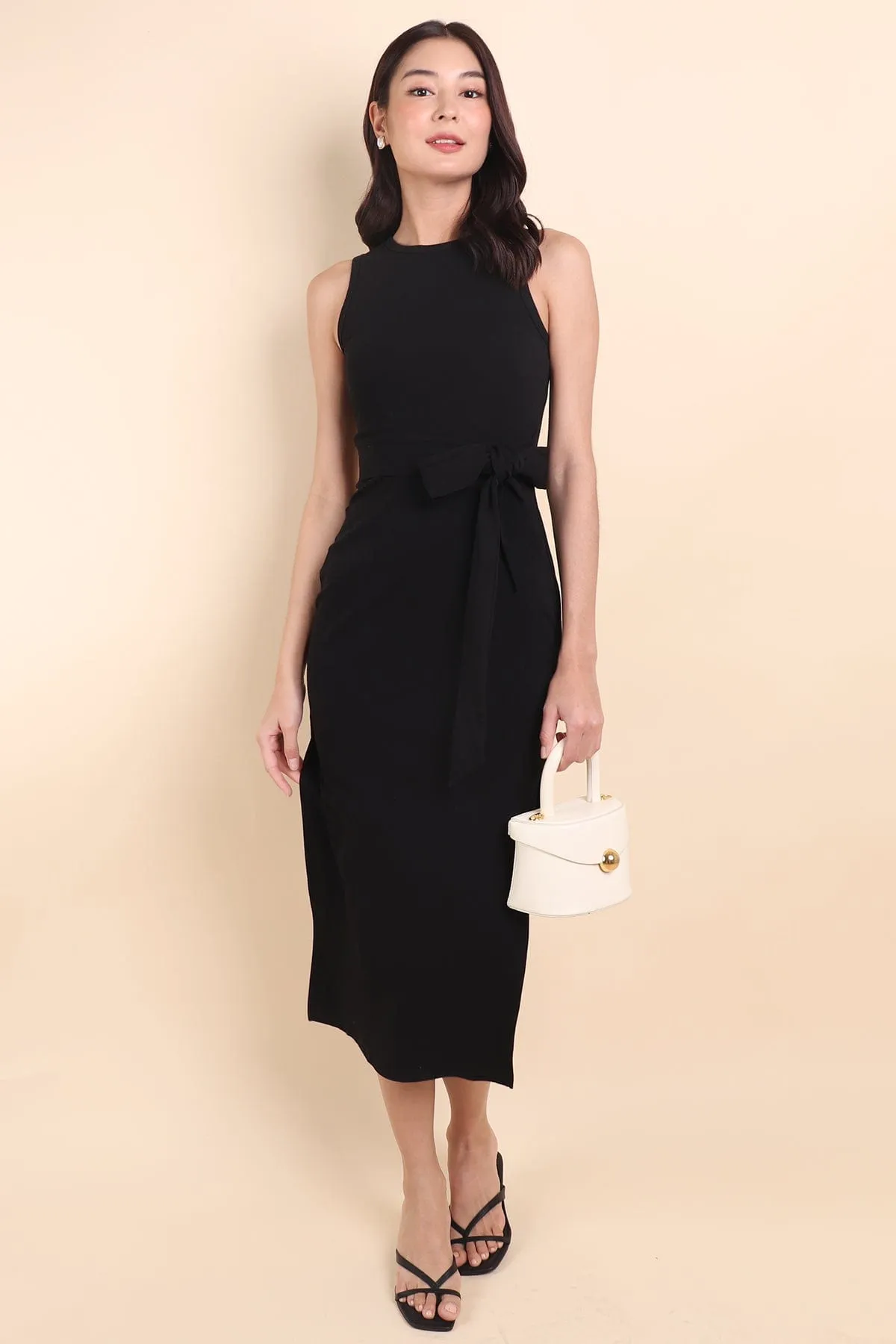 KENIA SLIM FIT TIE KNOT MIDI DRESS IN BLACK