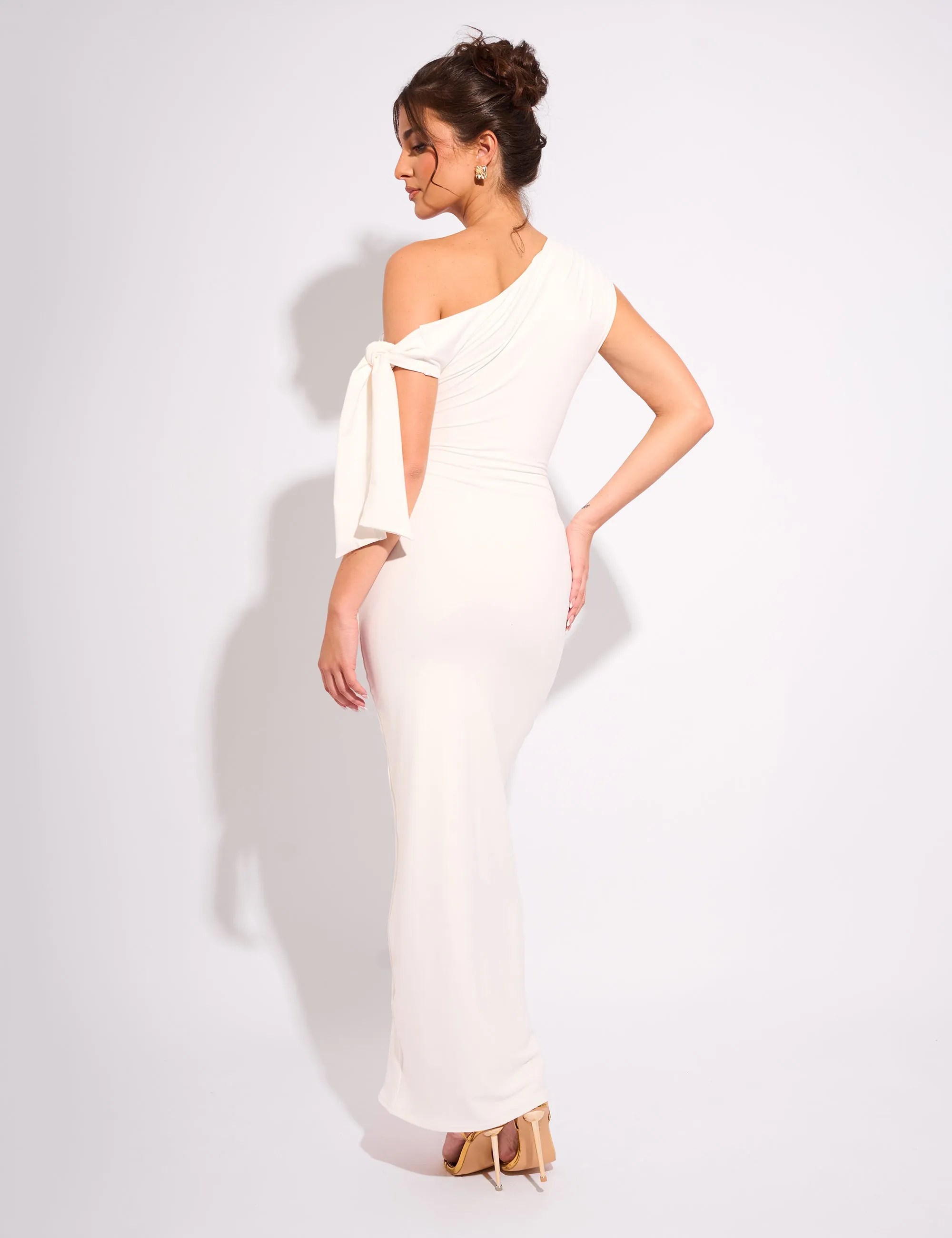 Knot Detail Asymmetric One Shoulder Luxe Slinky Maxi Dress White